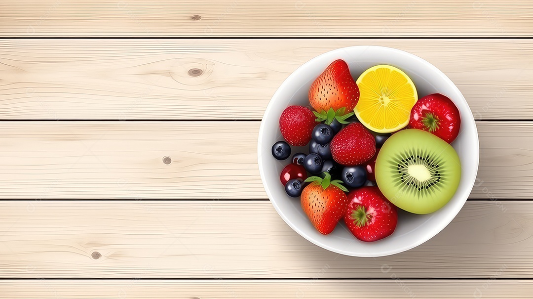 Frutas vermelhas frescas em uma tigela sobre uma mesa de madeira