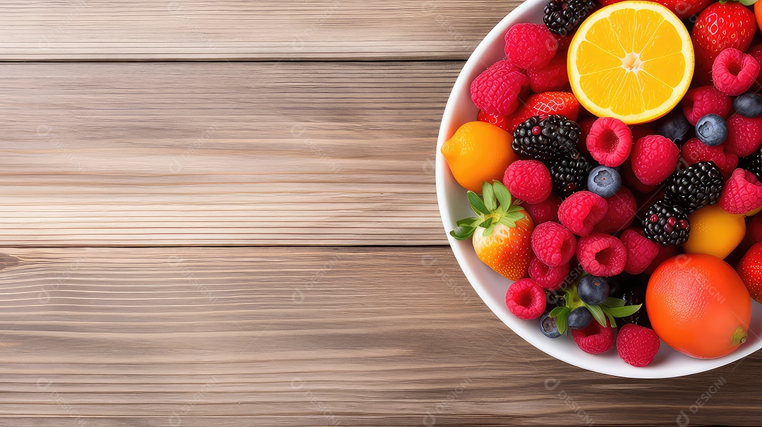 Frutas vermelhas frescas em uma tigela sobre uma mesa de madeira