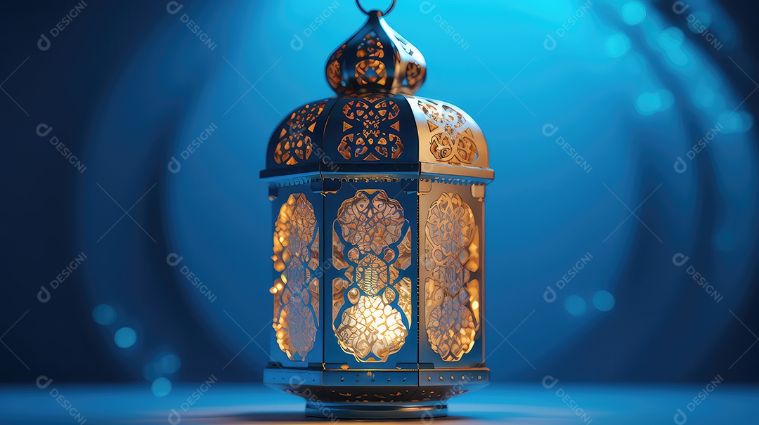 Lanterna islâmica em fundo azul mubarak do Ramadã