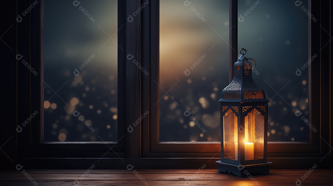 Lanterna no quarto com janela fundo do Ramadã Kareem