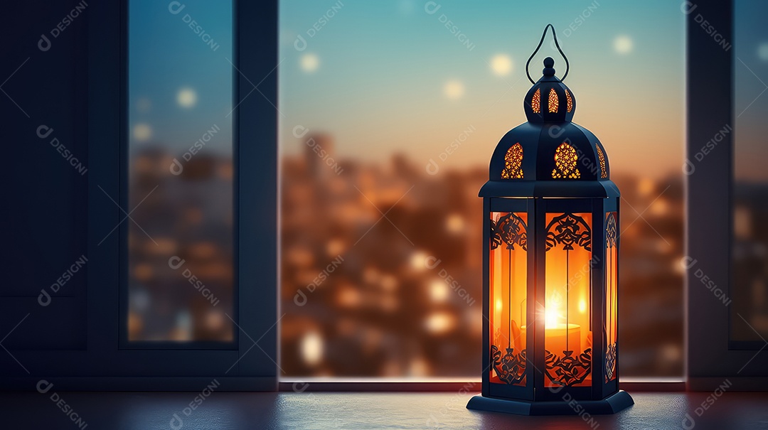 Lanterna no quarto com janela fundo do Ramadã Kareem