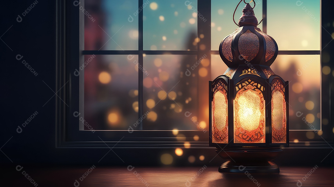 Lanterna no quarto com janela fundo do Ramadã Kareem