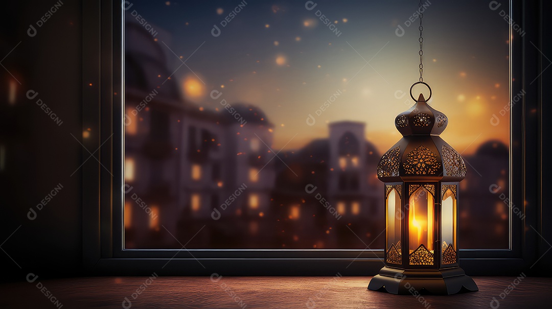 Lanterna no quarto com janela fundo do Ramadã Kareem