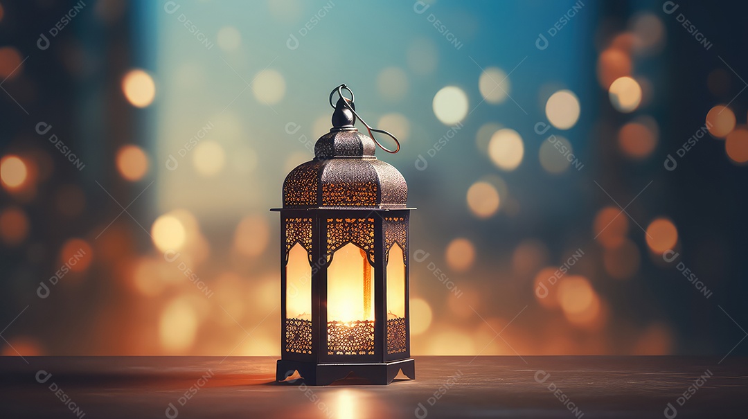 Lanterna no quarto com janela fundo do Ramadã Kareem