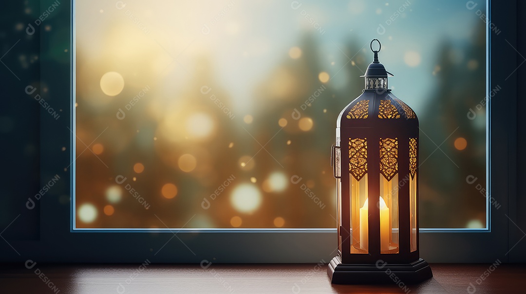 Lanterna no quarto com janela fundo do Ramadã Kareem