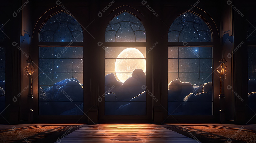 Janela da mesquita com céu azul e nuvens ramadan mubarak