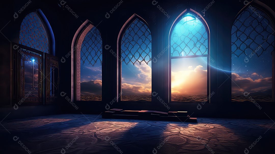 Janela da mesquita com céu azul e nuvens ramadan mubarak