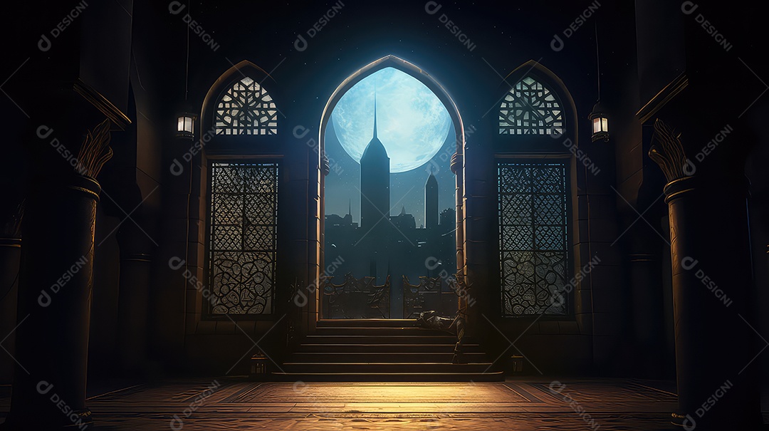 Janela da mesquita com céu azul e nuvens ramadan mubarak