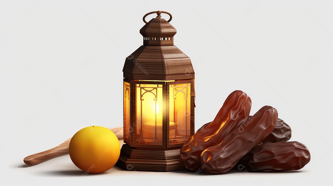 Lanterna de ramadã kareem com tâmaras e limão sobre fundo branco