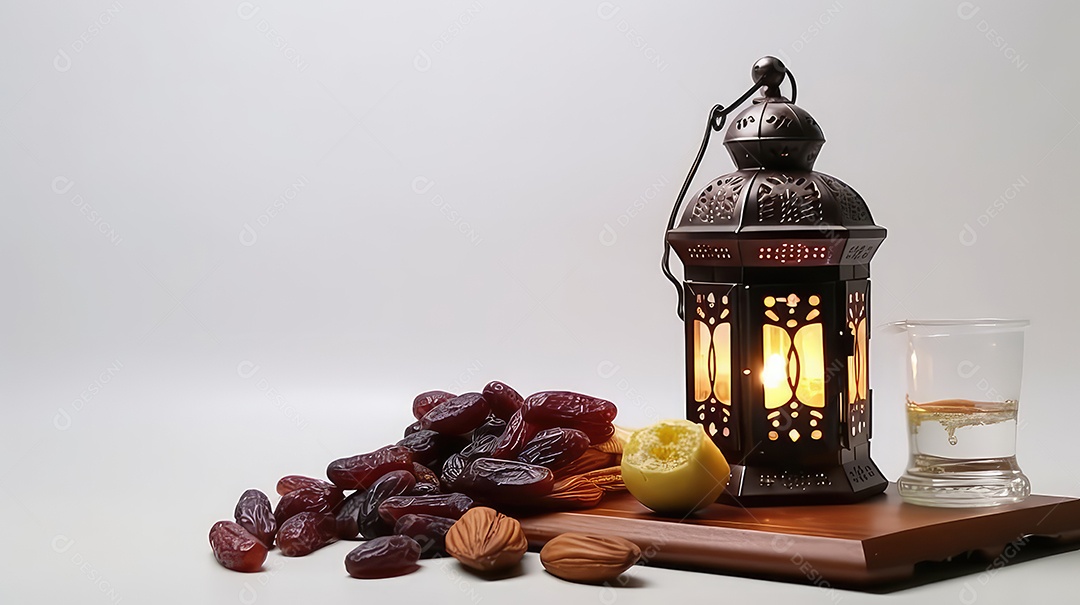 Lanterna Ramadan Kareem com tâmaras em fundo branco