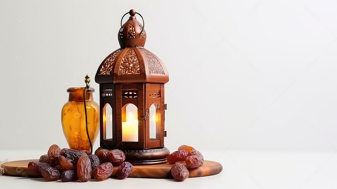 Lanterna Ramadan Kareem com tâmaras em fundo branco