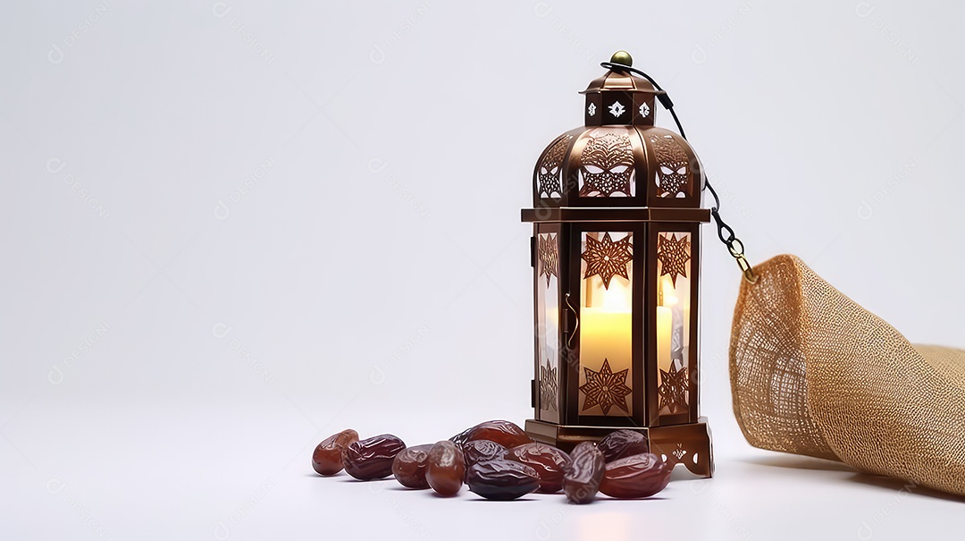 Lanterna Ramadan Kareem com tâmaras em fundo branco