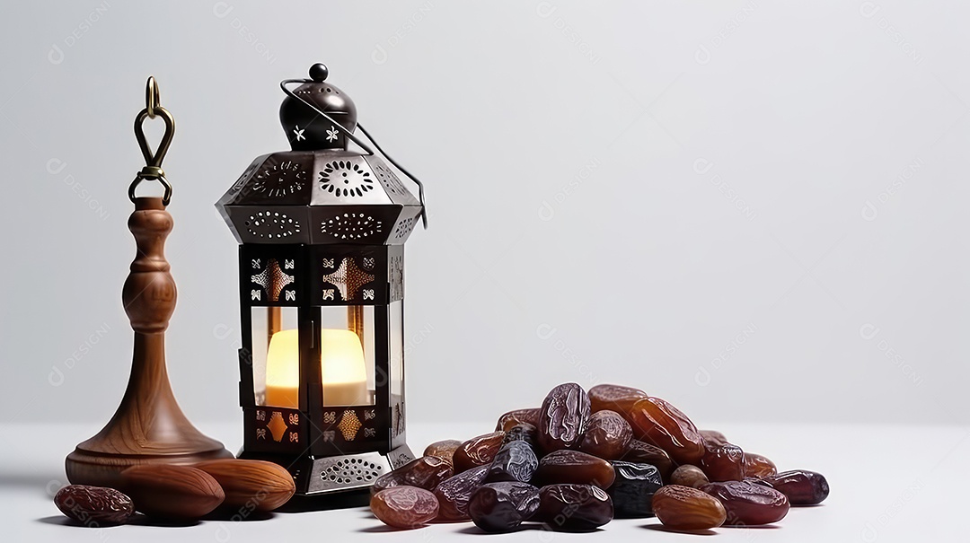 Lanterna Ramadan Kareem com tâmaras em fundo branco