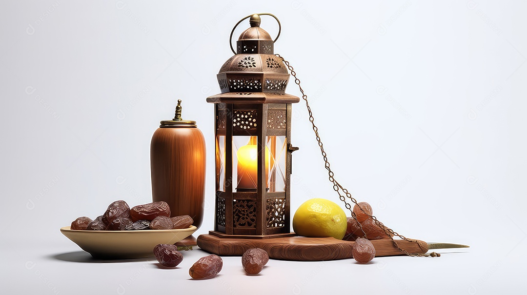 Lanterna de Ramadã Kareem com tâmaras e limão sobre fundo branco