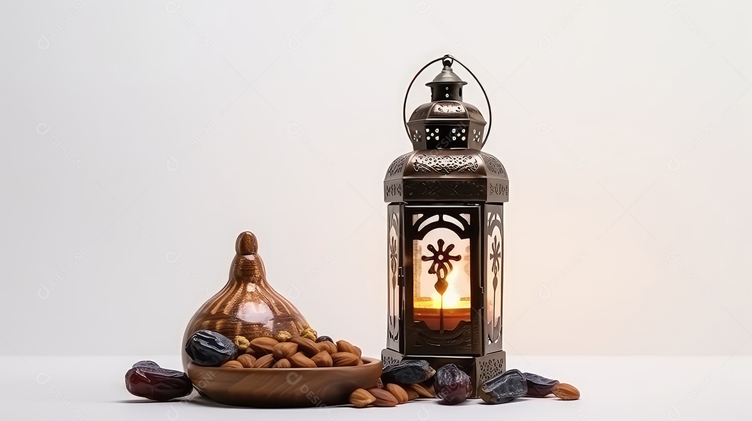 Lanterna Ramadan Kareem com tâmaras em fundo branco