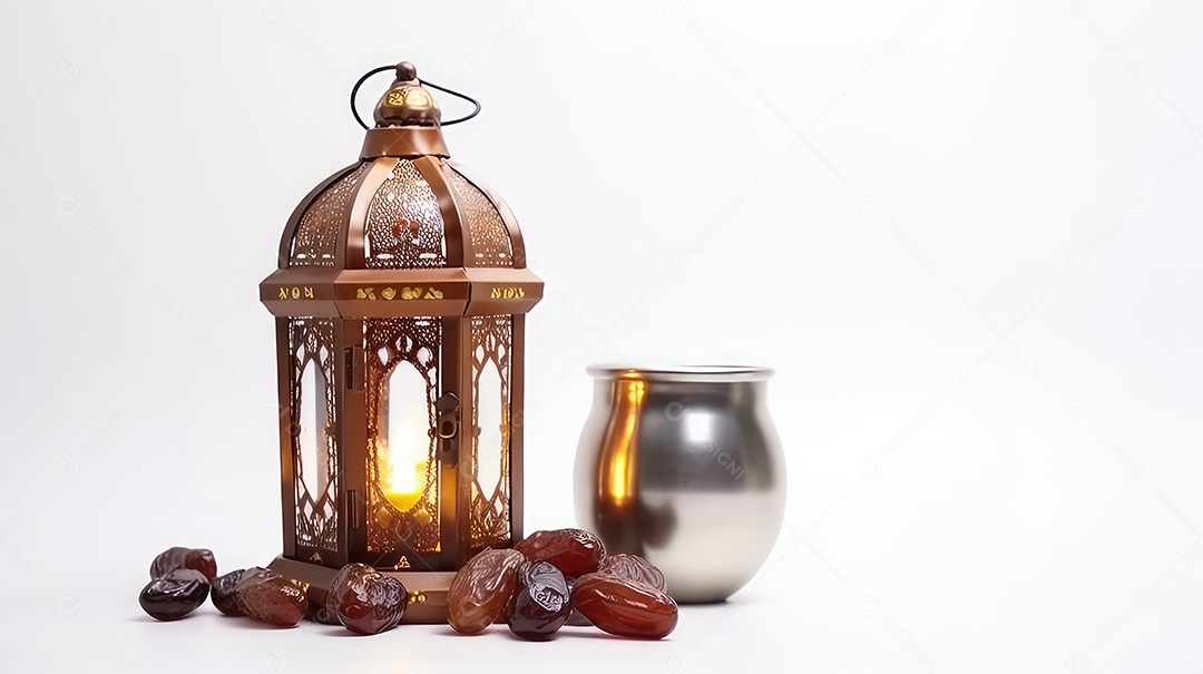 Lanterna Ramadan Kareem com tâmaras em fundo branco