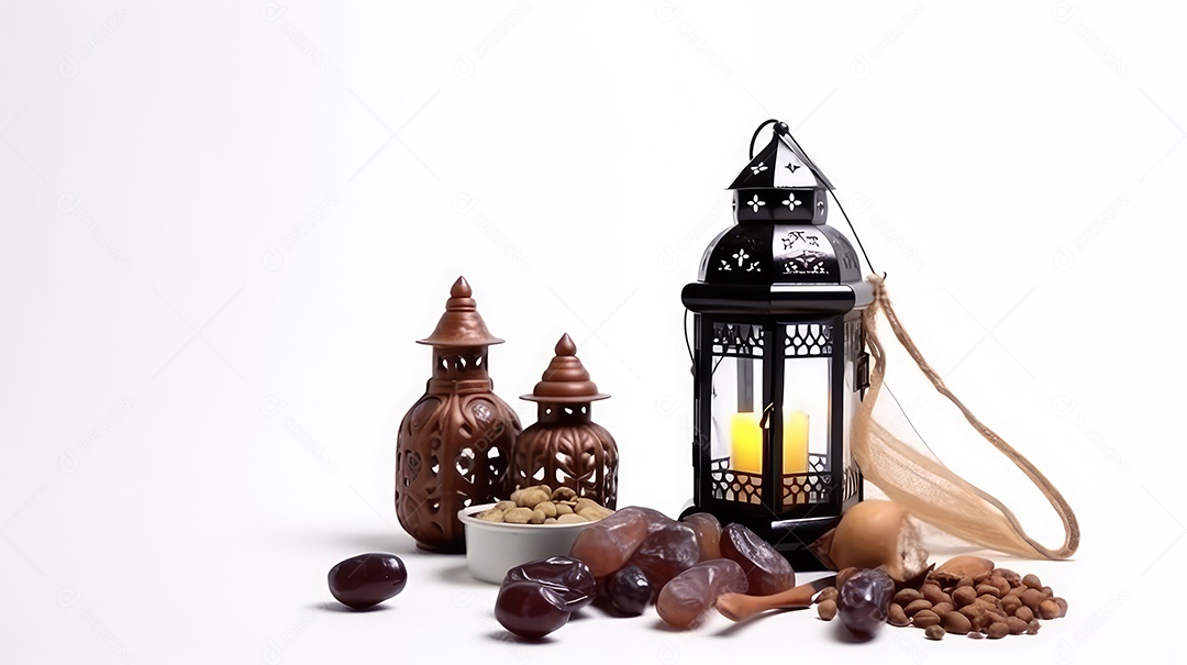 Lanterna Ramadan Kareem com tâmaras em fundo branco