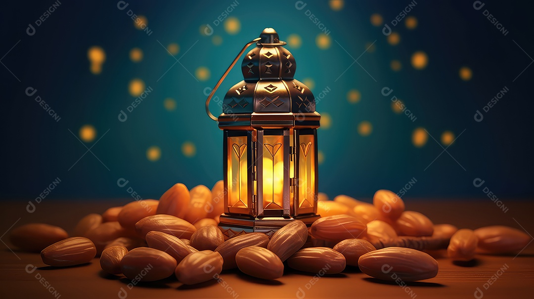 Lanterna islâmica com tâmaras e frutas fundo do Ramadã Kareem