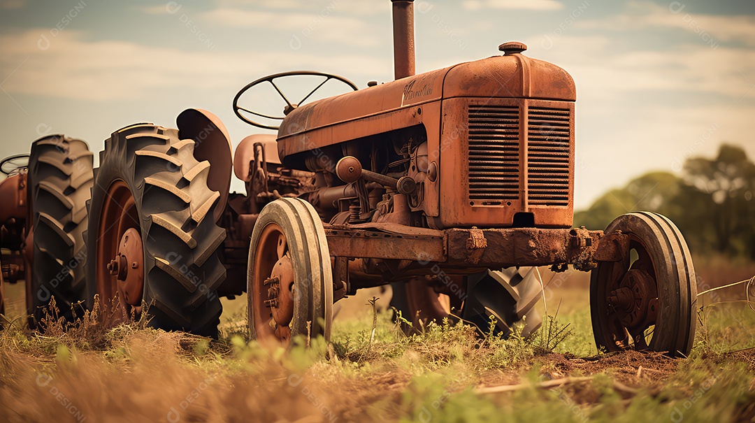 Trator velho e enferrujado no campo