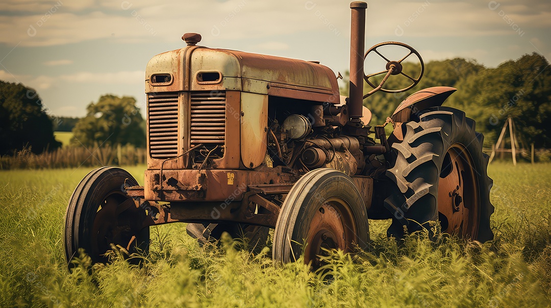Trator velho e enferrujado no campo