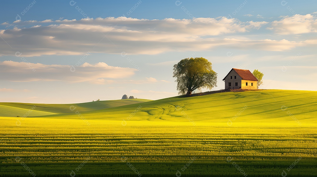 Linda paisagem de primavera com uma casa solitária no meio de um campo