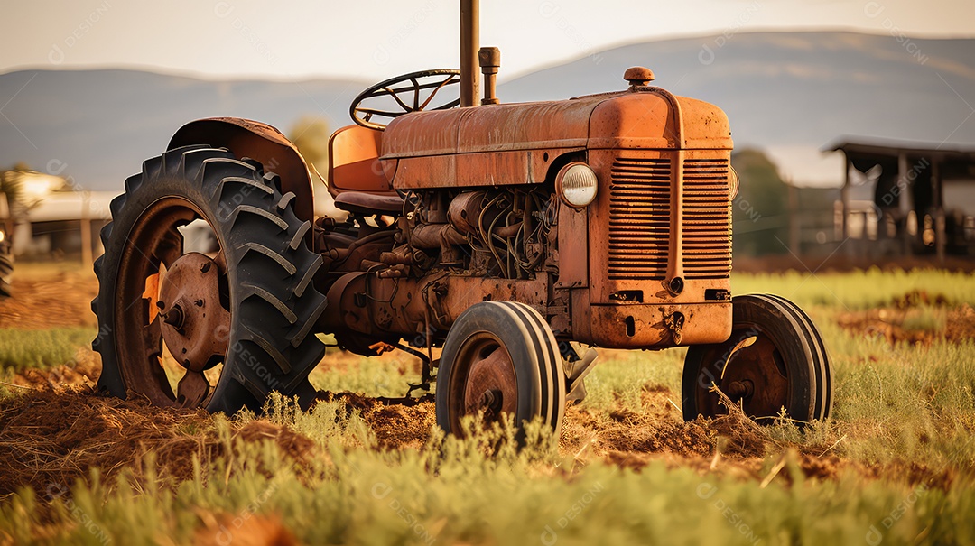 Trator velho e enferrujado no campo