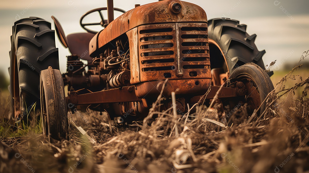 Trator velho e enferrujado no campo