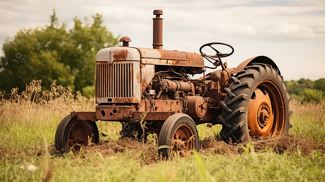 Trator velho e enferrujado no campo