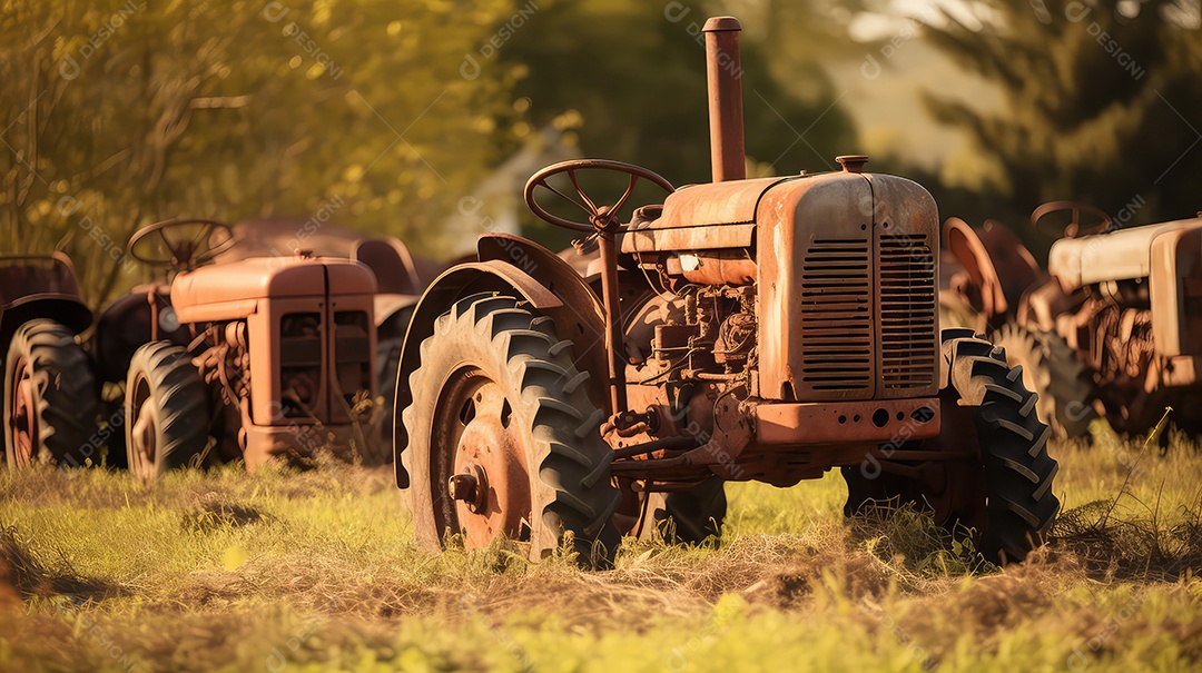 Trator velho e enferrujado no campo máquinas agrícolas