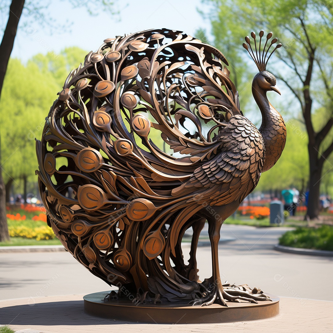 Escultura de pavão em madeira artesanal sob um parque