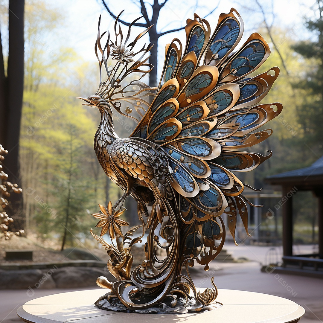 Escultura de pavão em madeira artesanal sob um parque