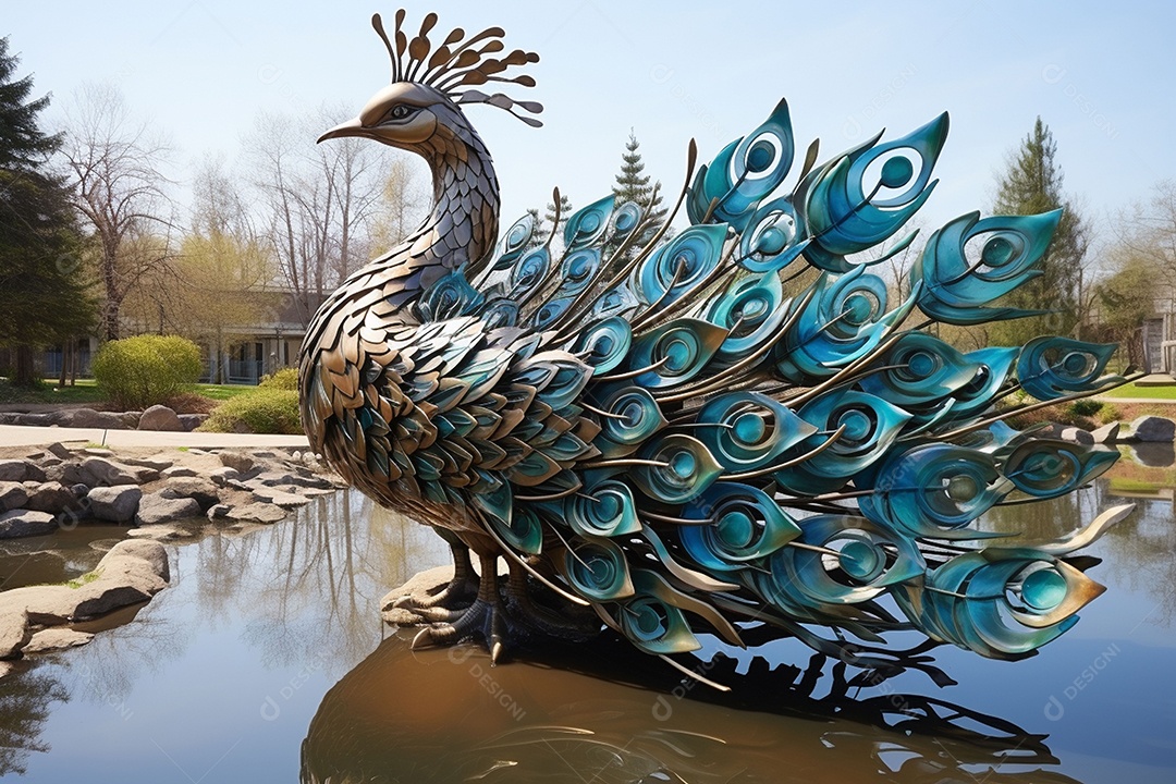 Escultura de pavão em madeira artesanal sob um parque