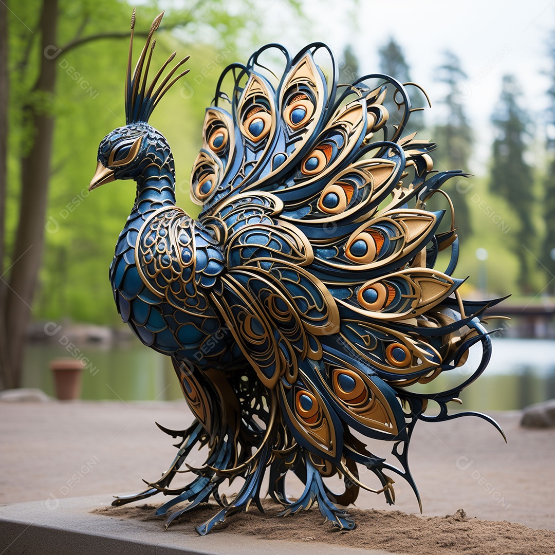 Escultura de pavão em madeira artesanal sob um parque