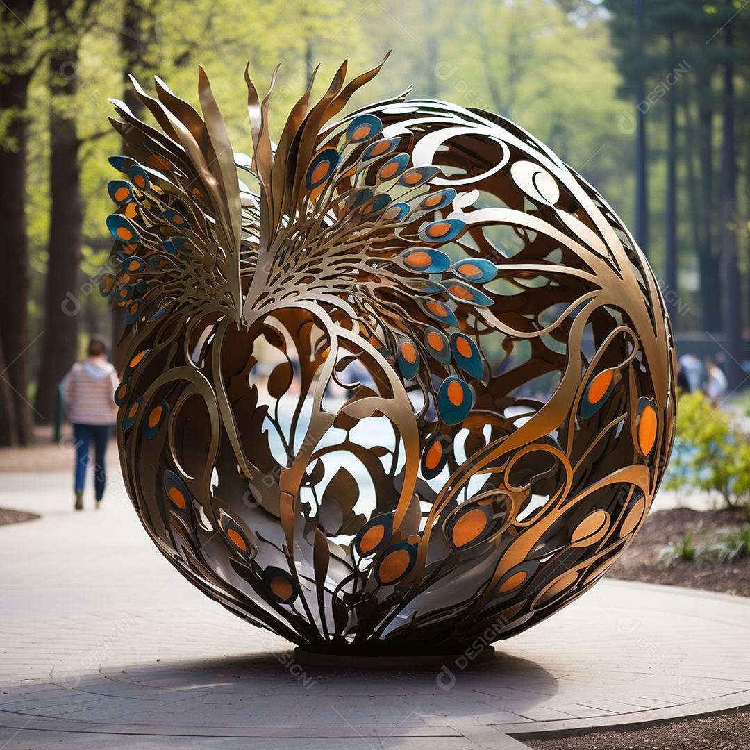 Escultura de pavão em madeira artesanal sob um parque