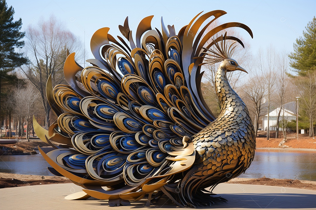Escultura de pavão em madeira artesanal sob um parque