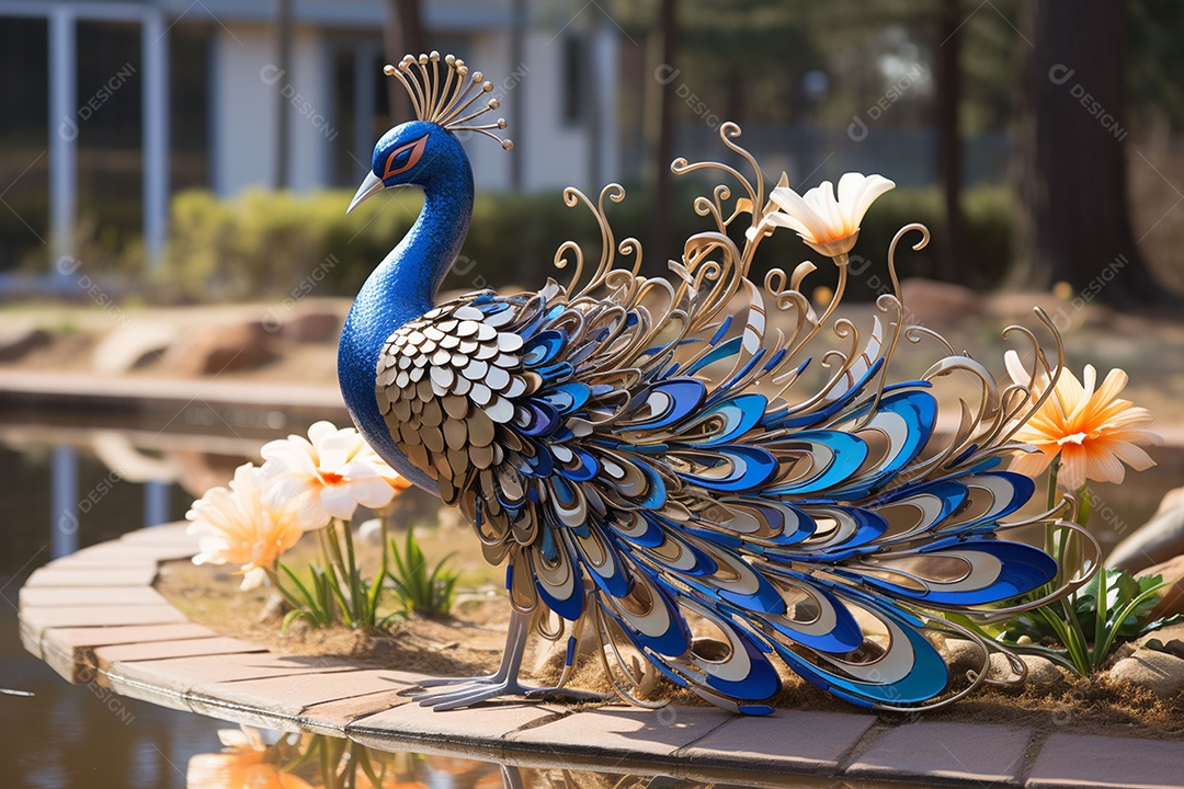 Escultura de pavão em madeira artesanal sob um parque