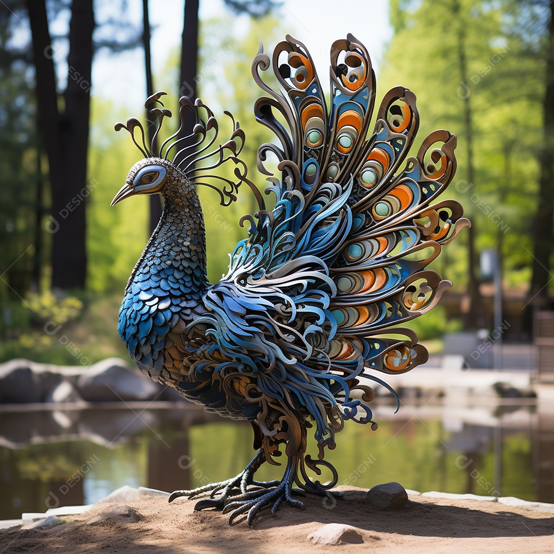 Escultura de pavão em madeira artesanal sob um parque