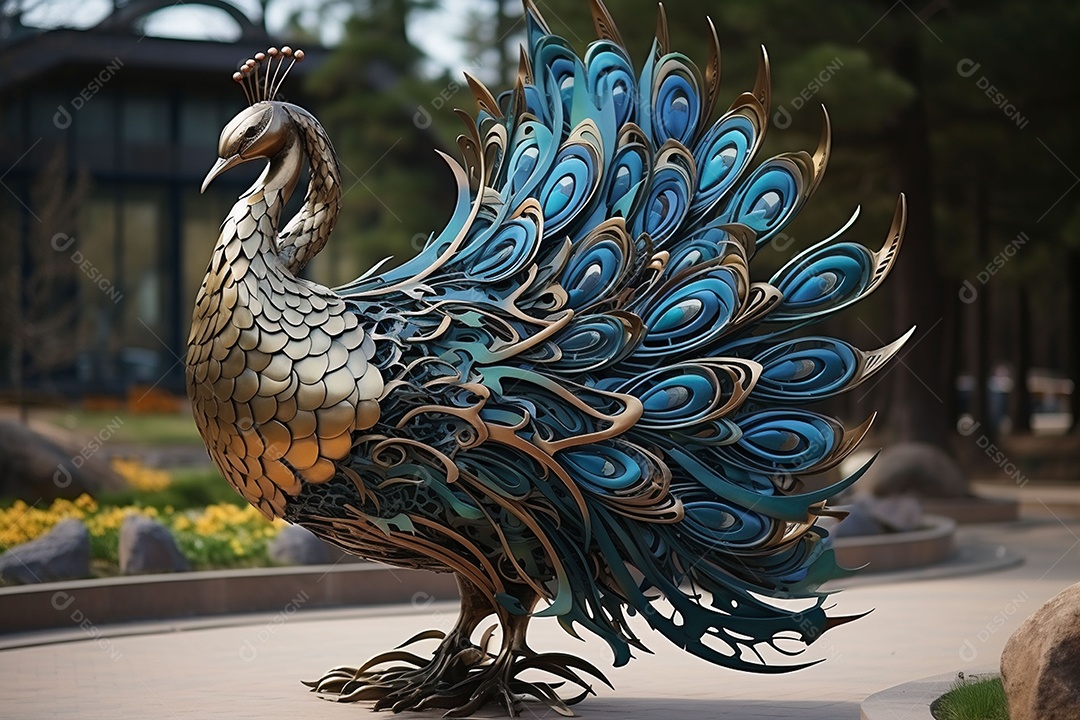 Escultura de pavão em madeira artesanal sob um parque