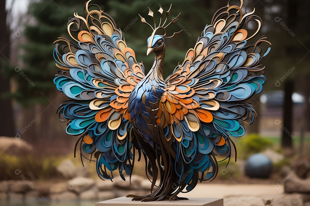 Escultura de pavão em madeira artesanal sob um parque