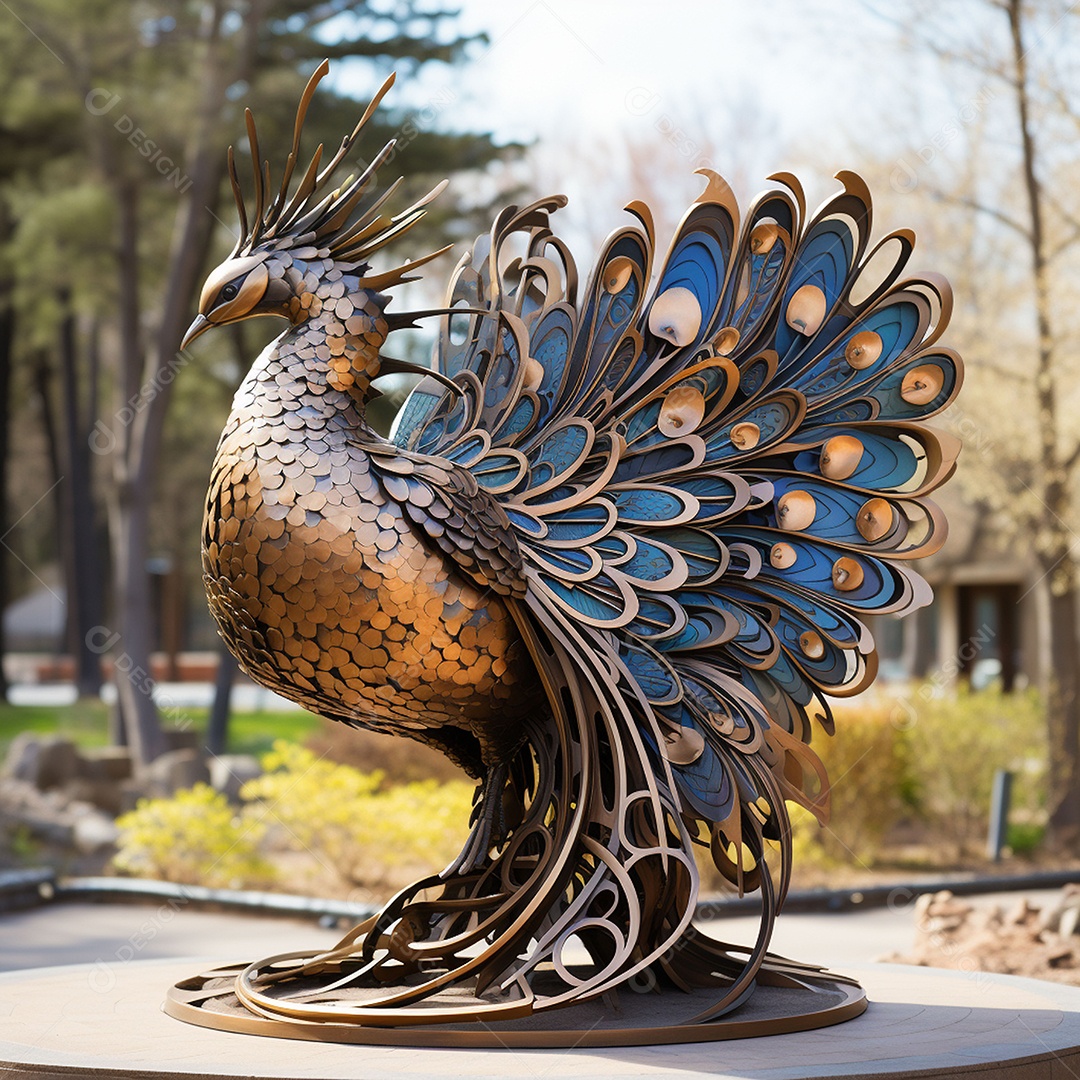 Escultura de pavão em madeira artesanal sob um parque