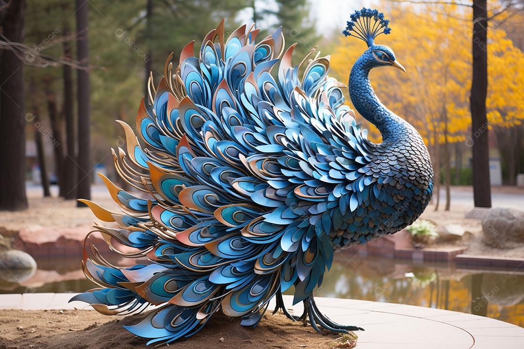 Escultura de pavão em madeira artesanal sob um parque