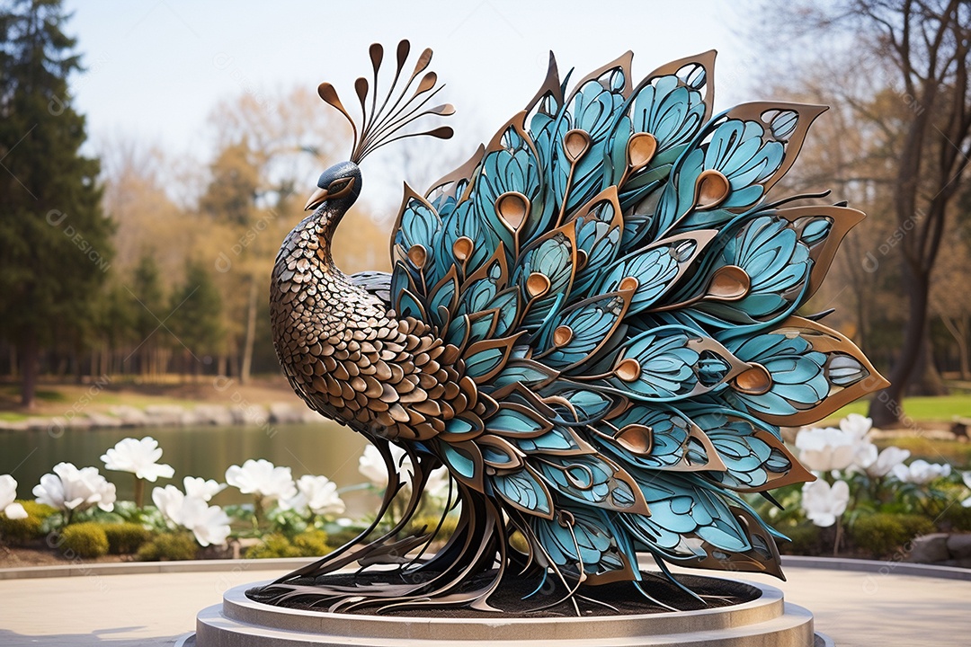 Escultura de pavão em madeira artesanal sob um parque