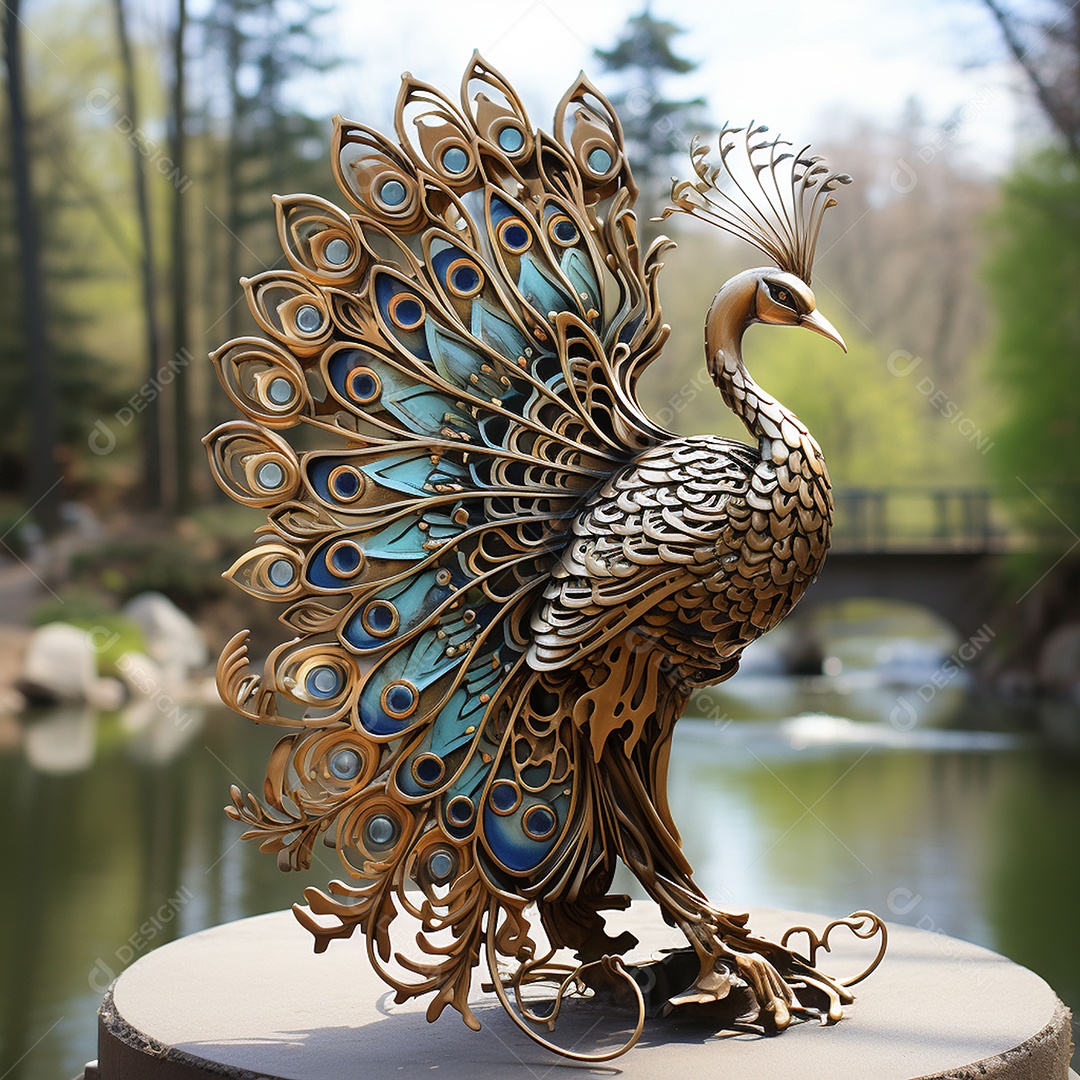 Escultura de pavão em madeira artesanal sob um parque