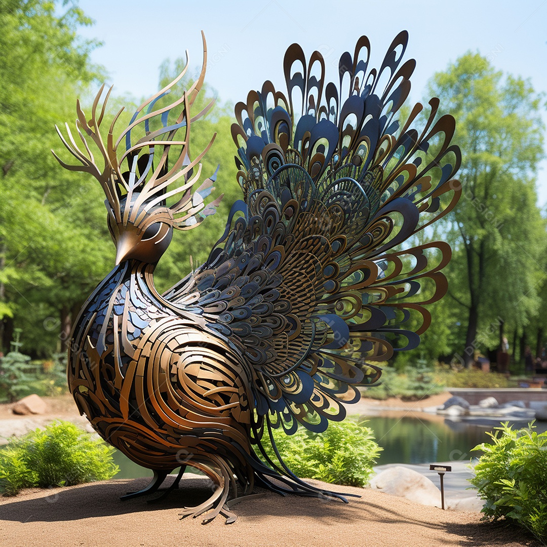 Escultura de pavão em madeira artesanal sob um parque