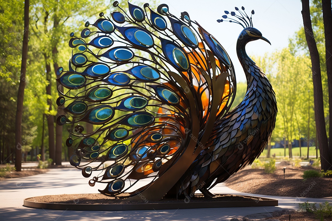 Escultura de pavão em madeira artesanal sob um parque