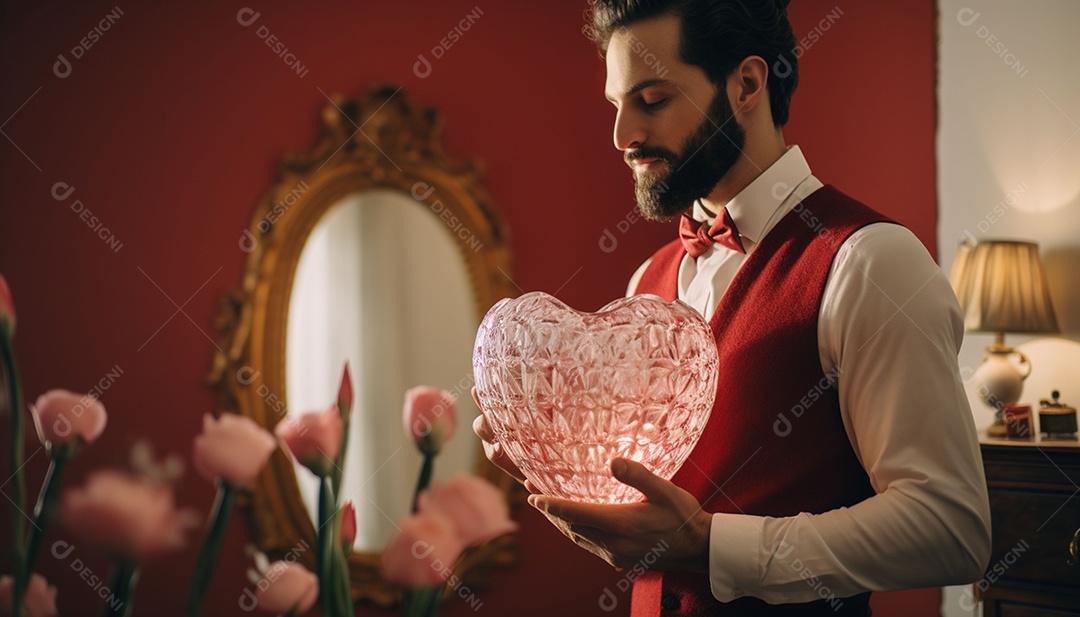 Homem olhando no espelho segurando uma linda decoração