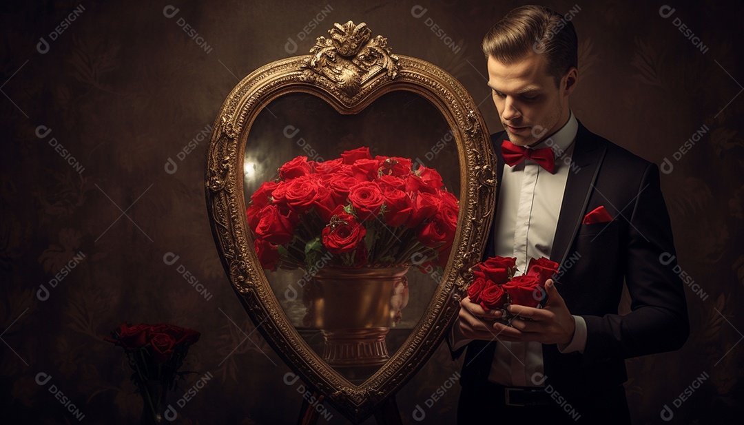 Homem olhando no espelho segurando uma linda decoração