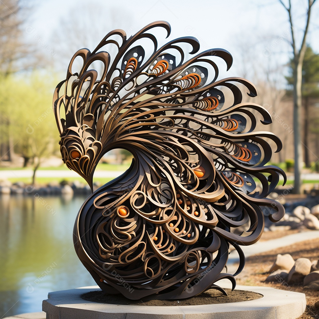 Escultura de pavão em madeira artesanal sob um parque