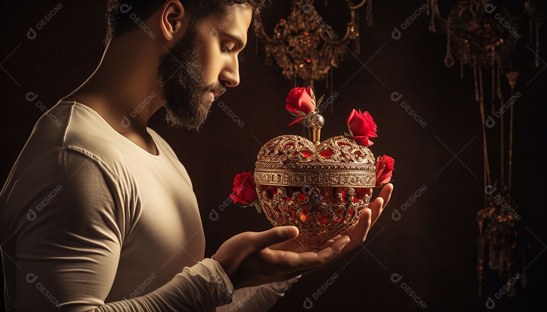 Homem olhando no espelho segurando uma linda decoração