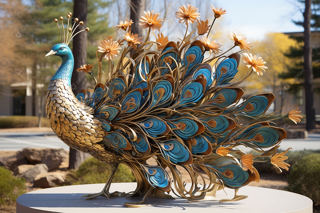 Escultura de pavão em madeira artesanal sob um parque